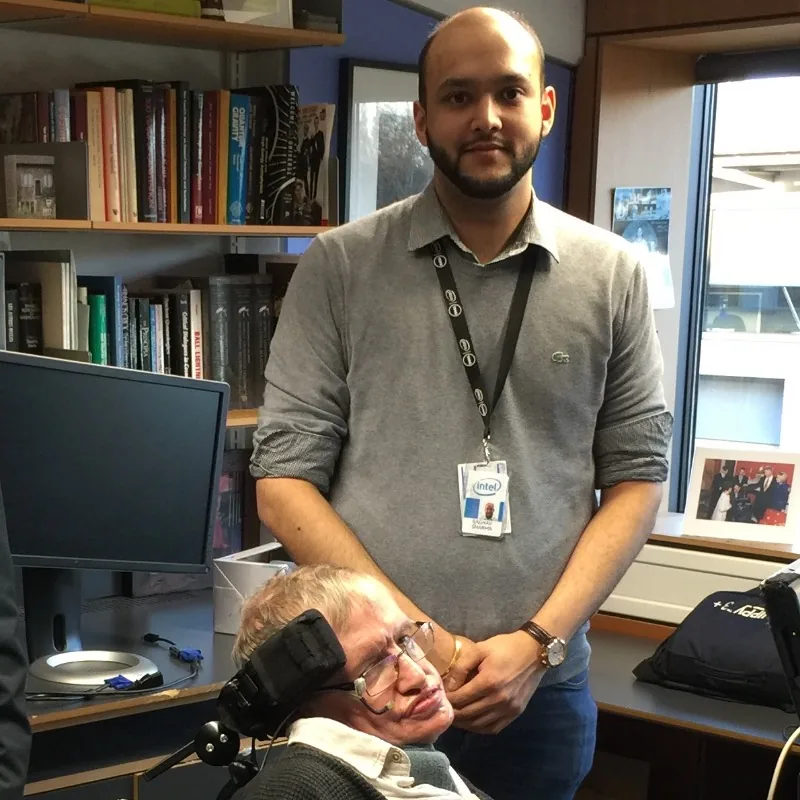 Raghav Sharma with Professor Stephen Hawking at the University of Cambridge